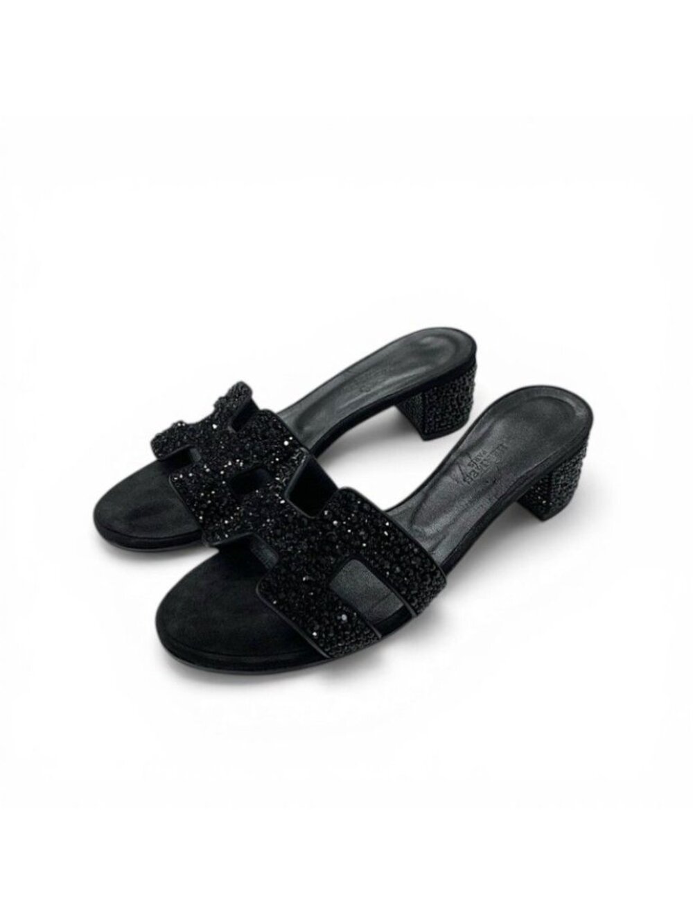 Hermes Oasis Sandals Shoes Leather Suede Black Rhinestone Mules